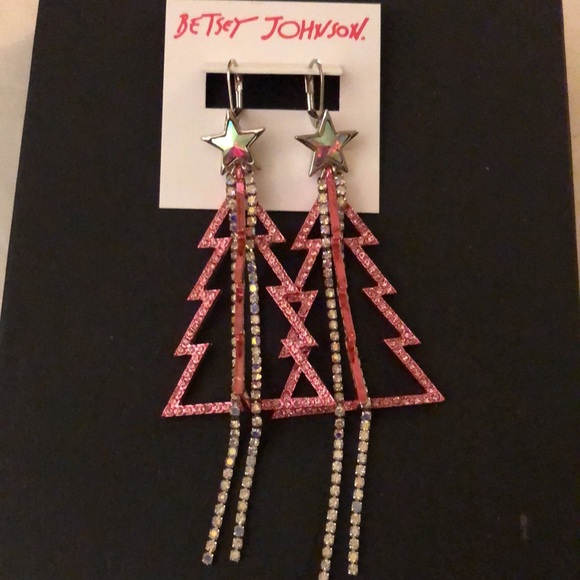 Betsey Johnson Silver Tone & Pink Metal Christmas Tree Drop Earrings Fringe NWT - Picture 6 of 13